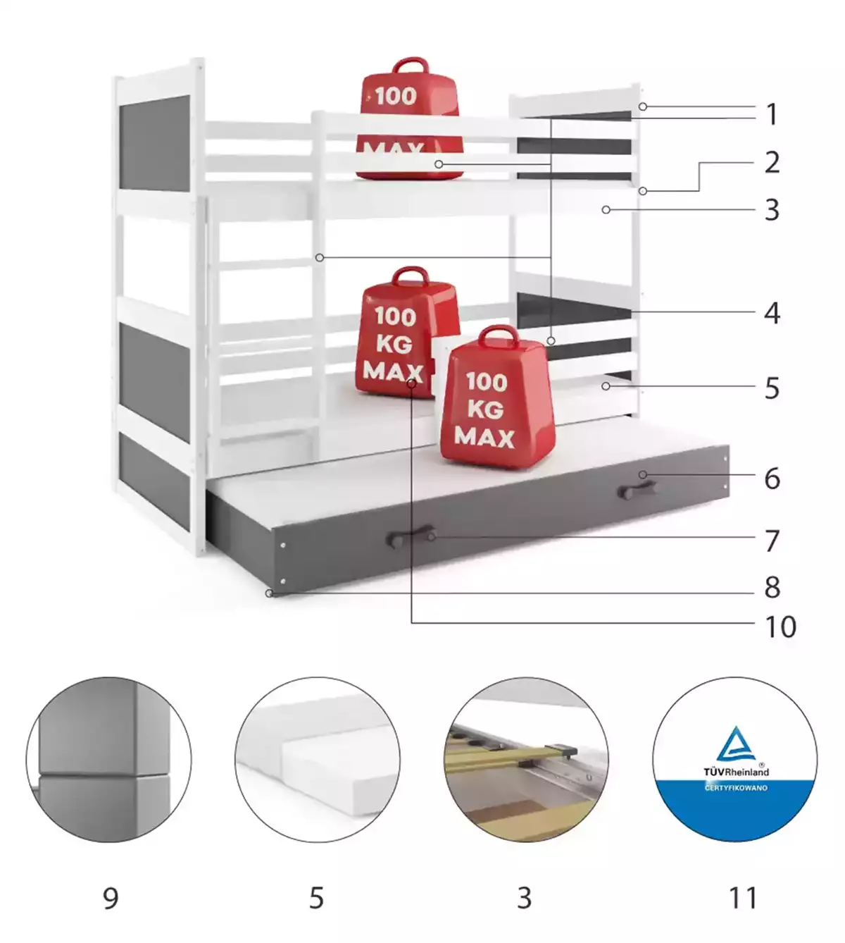 Specyfikacja techniczna Łóżko młodzieżowe trzyosobowe RICO 90X190 z materacem i szufladą, białe/grafitowe Specyfikacja techniczna Łóżko młodzieżowe trzyosobowe RICO 90X190 z materacem i szufladą, białe/grafitowe