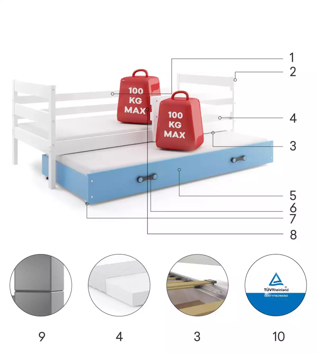 Specyfikacja techniczna Łóżko młodzieżowe ERYK 90x190 z materacem i szufladą, białe/niebieskie