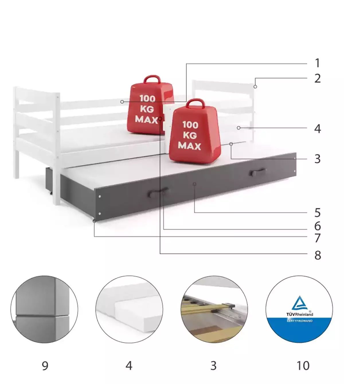 Specyfikacja techniczna ERYK 90x190 łóżko młodzieżowe z szufladą, białe/grafitowe