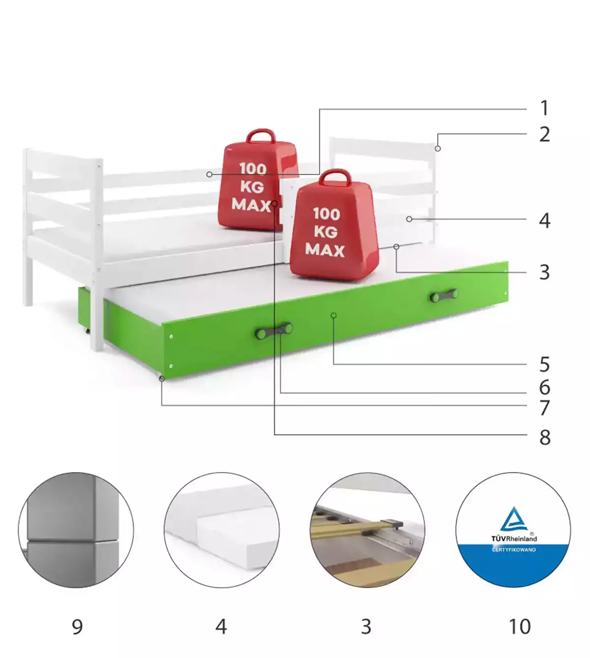 Specyfikacja techniczna Łóżko młodzieżowe ERYK 90x190 z szufladą, białe/zielone