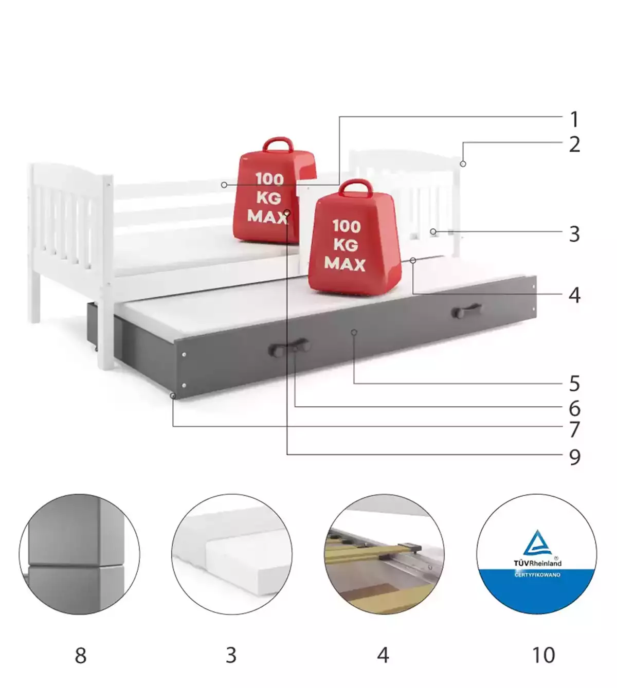 Łóżko młodzieżowe wysuwane KUBUŚ 90X190 z materacem i szufladą, białe/grafitowe Specyfikacja techniczna Łóżko młodzieżowe wysuwane KUBUŚ 90X190 z materacem i szufladą, białe/grafitowe Specyfikacja techniczna