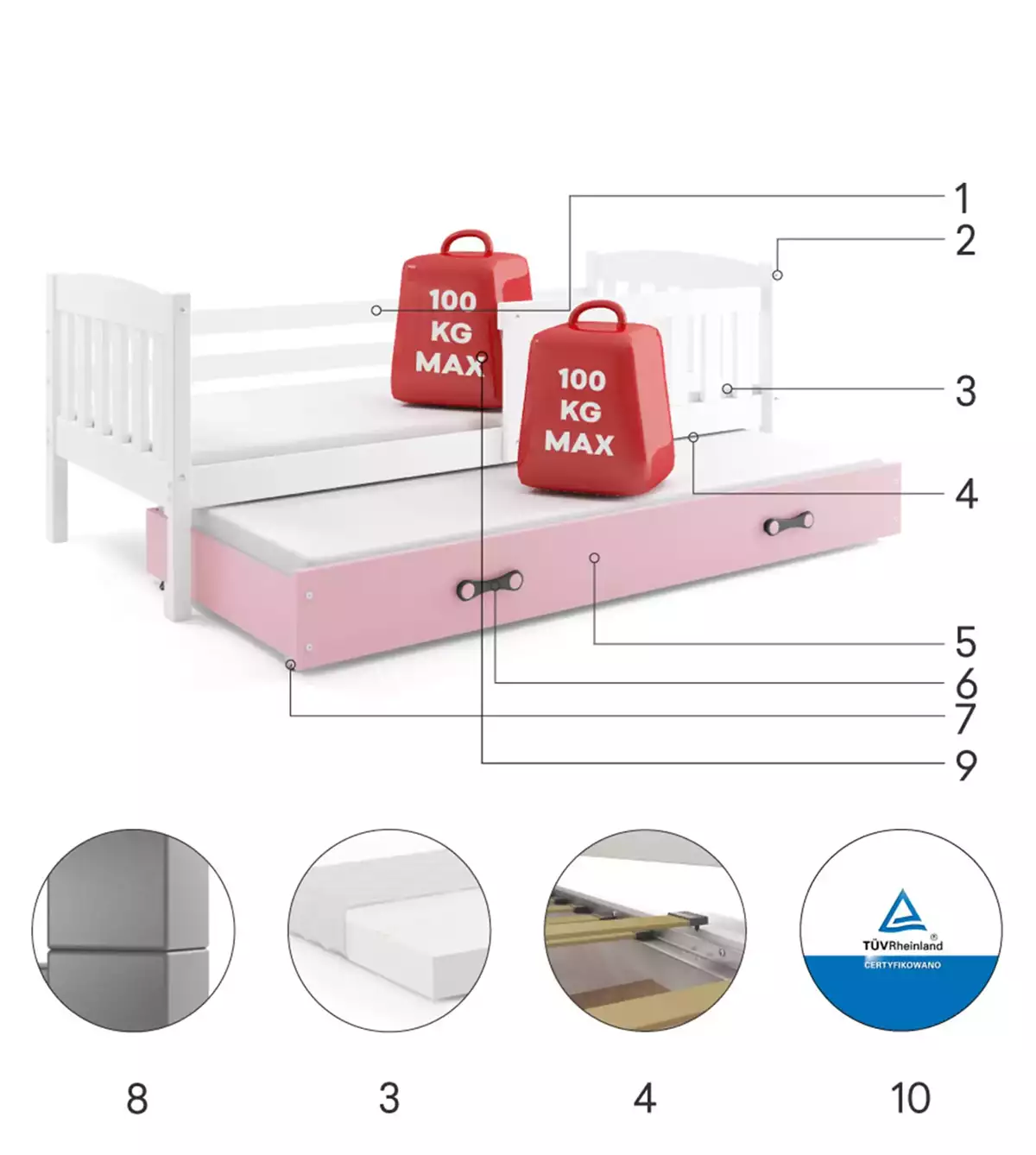 Łóżko młodzieżowe wysuwane KUBUŚ 90X190 z materacem i szufladą, białe/różowe Specyfikacja techniczna Łóżko młodzieżowe wysuwane KUBUŚ 90X190 z materacem i szufladą, białe/różowe Specyfikacja techniczna