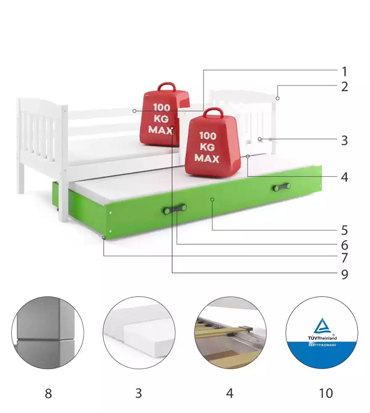 Łóżko młodzieżowe wysuwane KUBUŚ 90X190 z materacem i szufladą, białe/zielone Specyfikacja techniczna Łóżko młodzieżowe wysuwane KUBUŚ 90X190 z materacem i szufladą, białe/zielone Specyfikacja techniczna