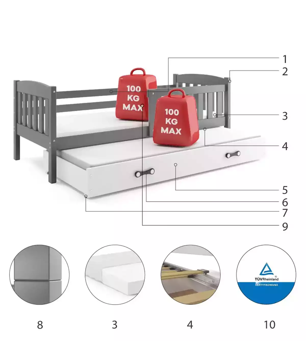 Łóżko młodzieżowe wysuwane KUBUŚ 90X190 z materacem i szufladą, grafitowe/białe Specyfikacja techniczna Łóżko młodzieżowe wysuwane KUBUŚ 90X190 z materacem i szufladą, grafitowe/białe Specyfikacja techniczna