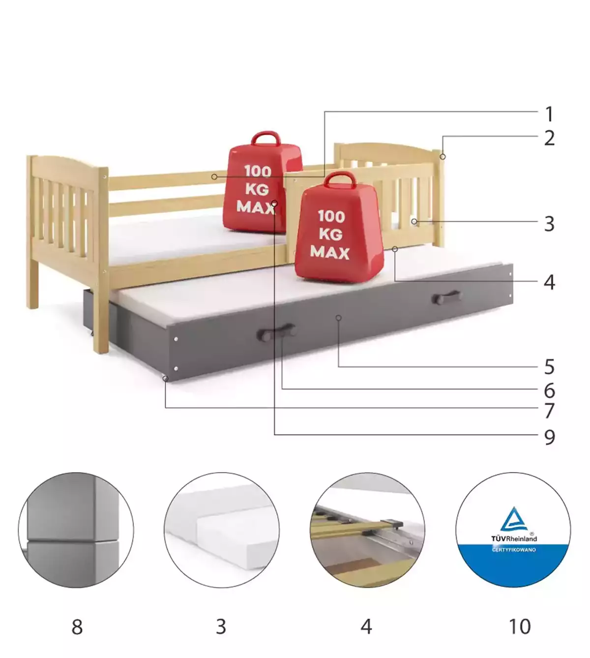 Łóżko młodzieżowe wysuwane KUBUŚ 90X190 z materacem i szufladą, sosna/grafitowe Specyfikacja techniczna