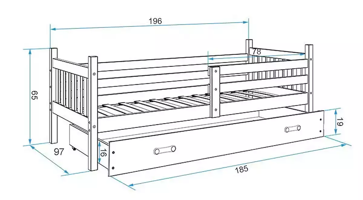 Wymiary i specyfikacja dla Łóżko młodzieżowe pojedyncze CARINO 90X190  z materacem i szufladą, grafitowe,