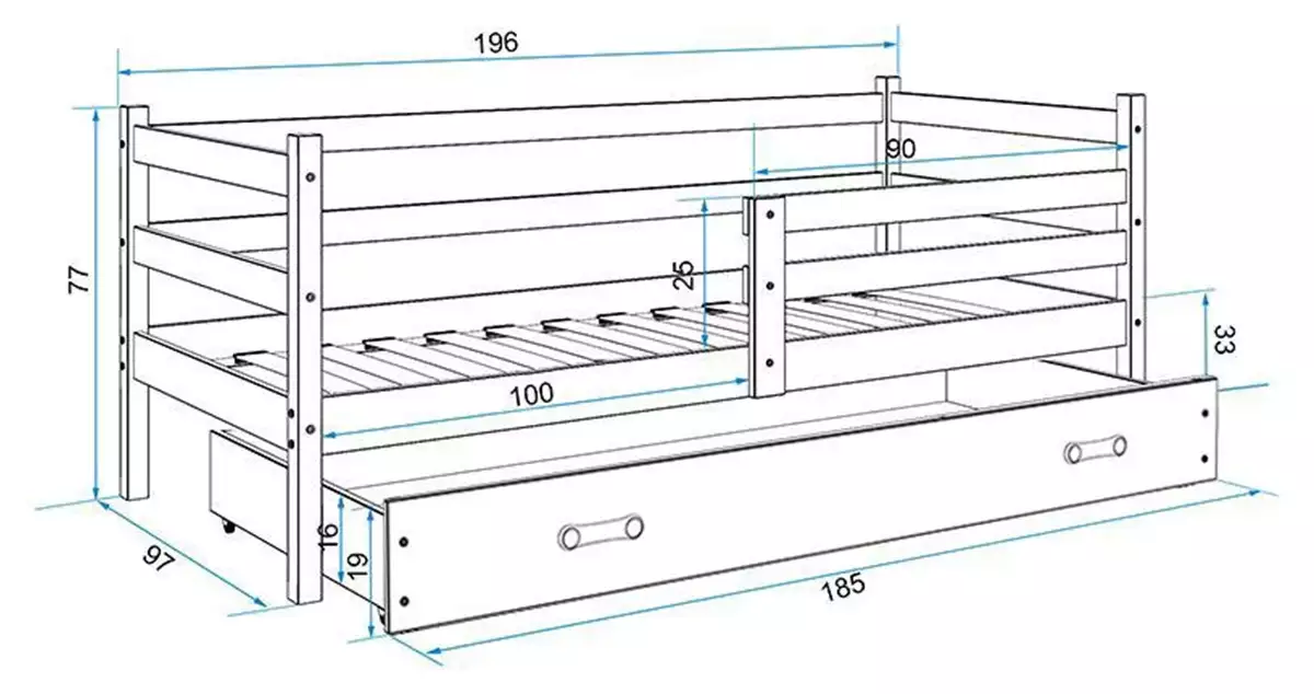 Dimensions et spécifications pour Lit ado simple Éric 90X190 avec matelas et tiroir, blanc/gris