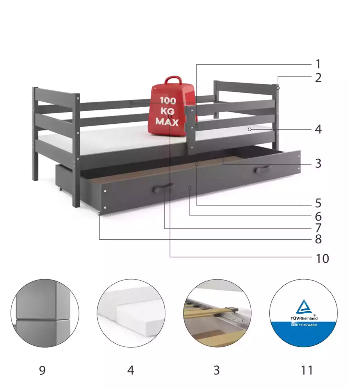 Specyfikacja techniczna Pojedyncze łóżko młodzieżowe ERYK 90x190 z materacem i szufladą, grafitowe