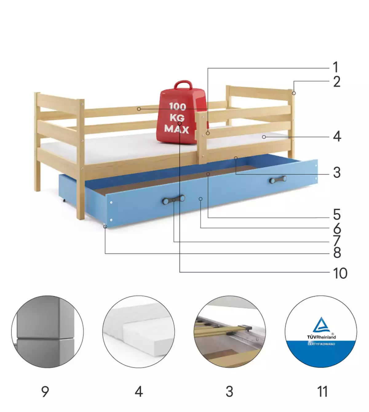 Specyfikacja techniczna Pojedyncze łóżko młodzieżowe ERYK 90X190 z materacem i szufladą, sosna/niebieskie