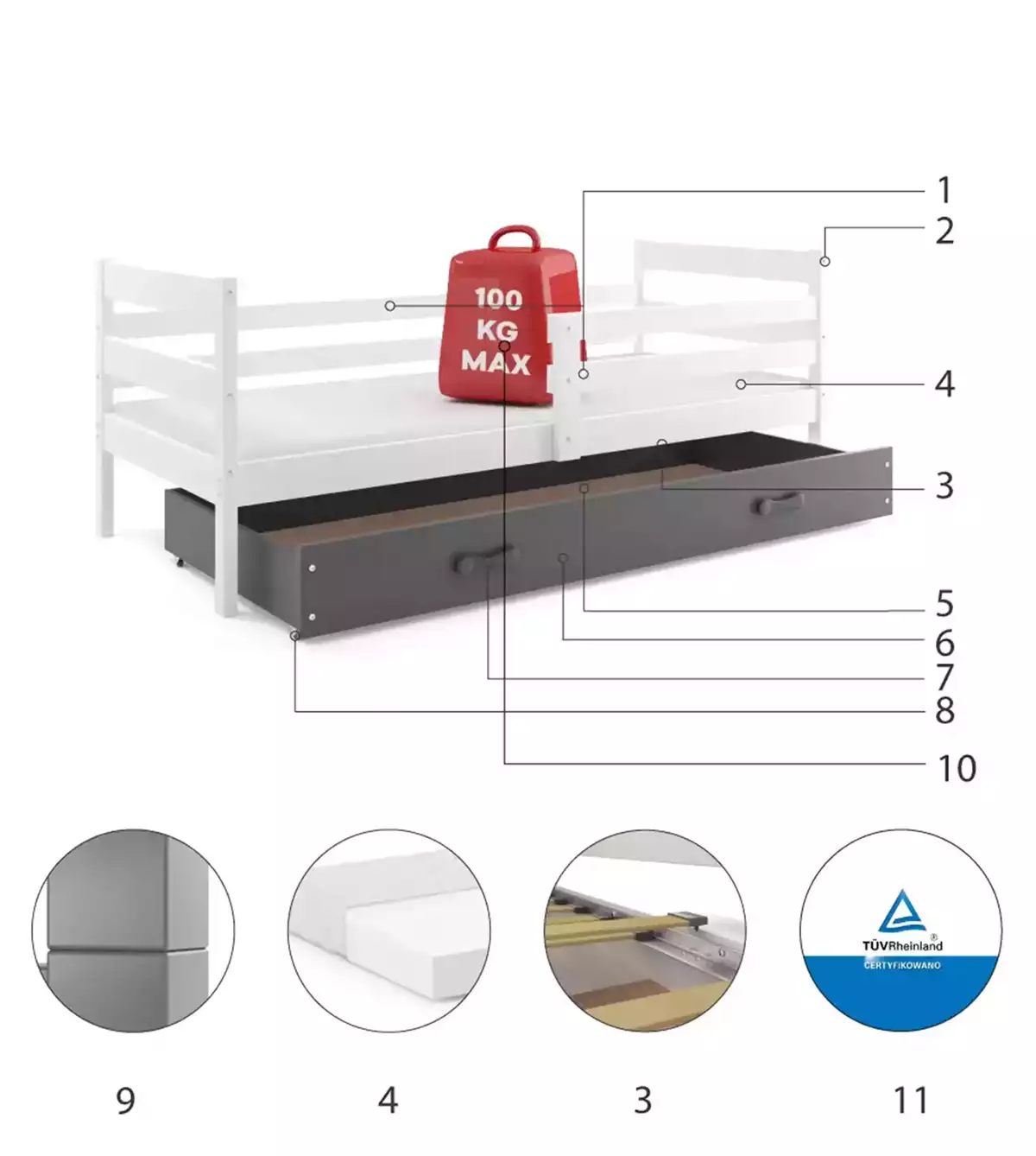 Specyfikacja techniczna Pojedyncze łóżko młodzieżowe ERYK 90x190 z szufladą, biały/szary