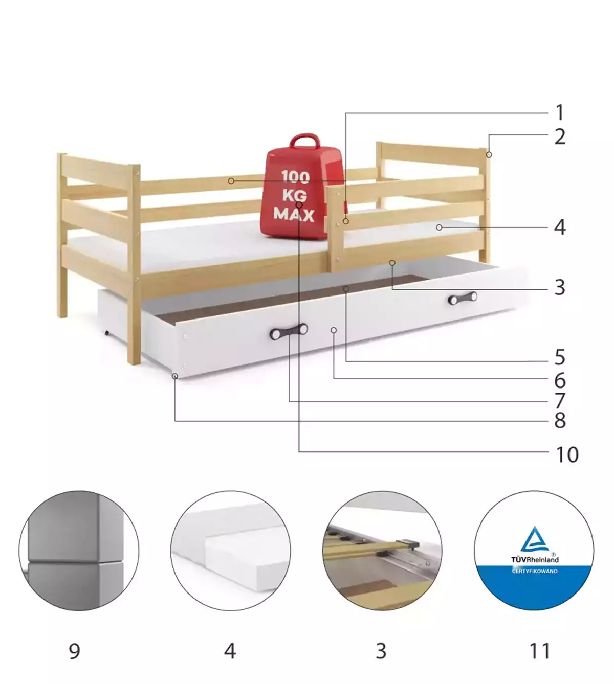 Specyfikacja techniczna Pojedyncze łóżko młodzieżowe ERYK 90x190 z szufladą, sosna/białe