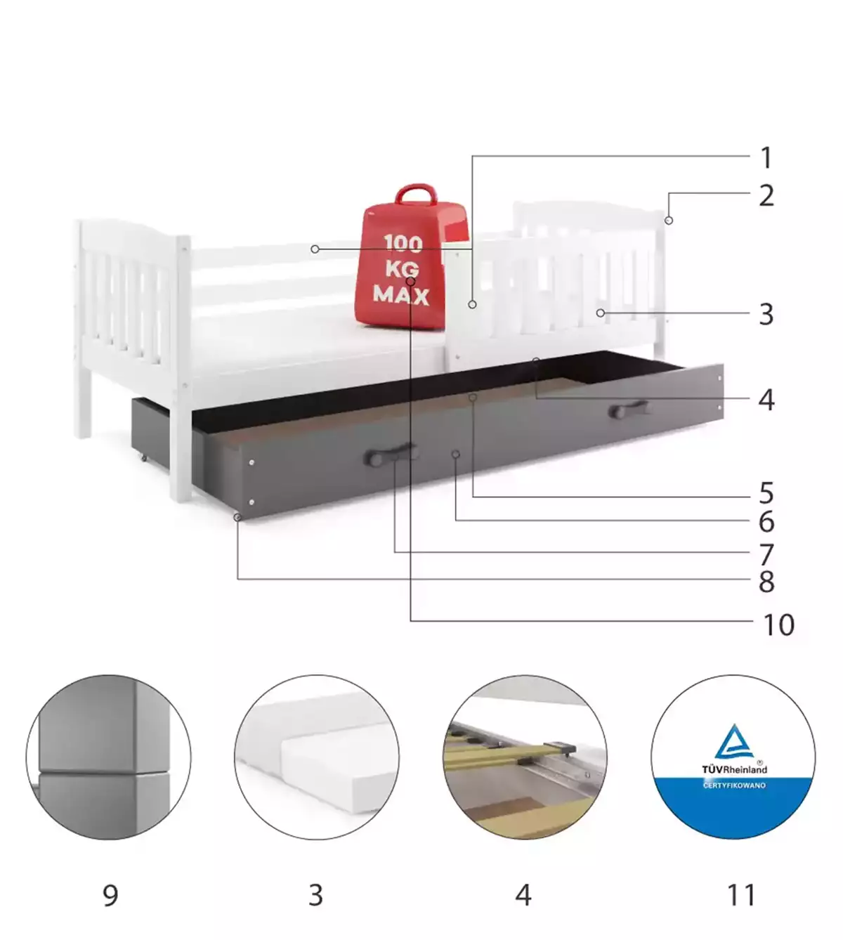 Łóżko młodzieżowe pojedyncze KUBUŚ 90X190 z materacem i szufladą, białe/grafitowe Specyfikacja techniczna Łóżko młodzieżowe pojedyncze KUBUŚ 90X190 z materacem i szufladą, białe/grafitowe Specyfikacja techniczna
