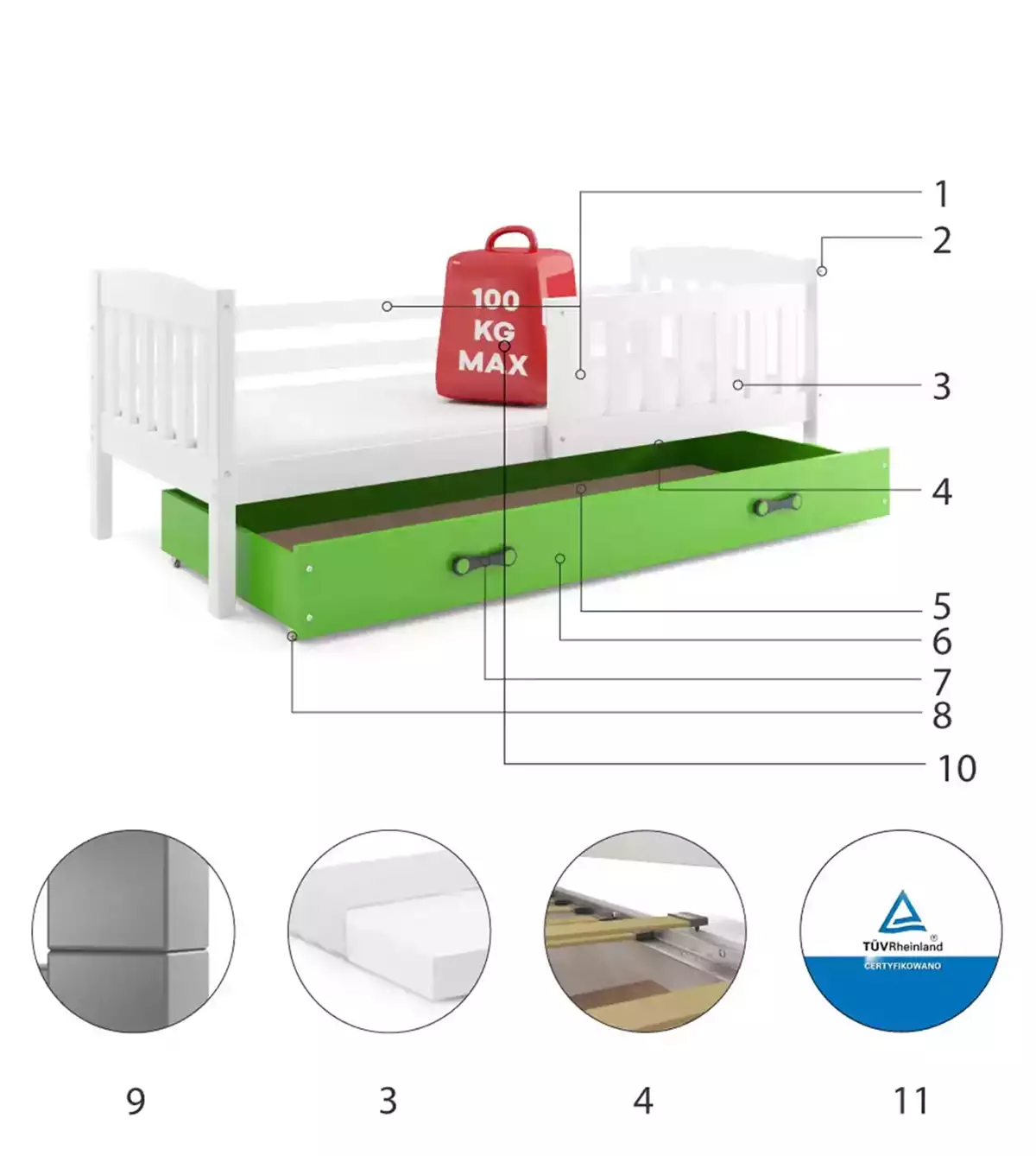 Łóżko młodzieżowe pojedyncze KUBUŚ 90X190 z materacem i szufladą, białe/zielone Specyfikacja techniczna