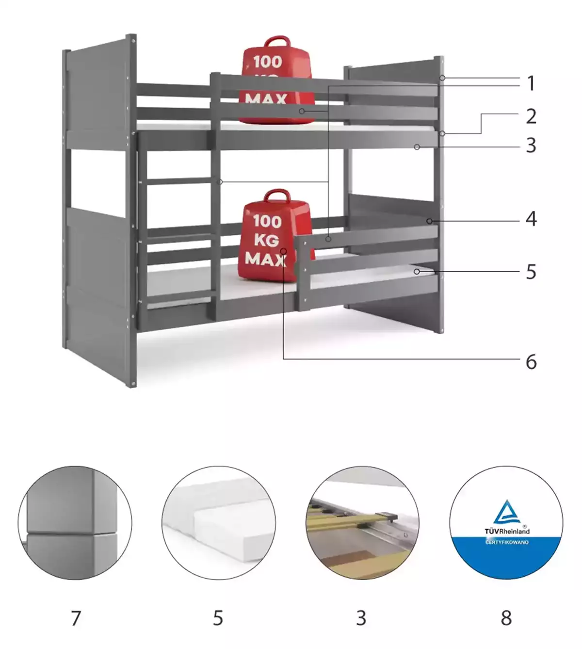 Specyfikacja techniczna Łóżko młodzieżowe piętrowe RICO 90X190 z materacem, grafitowe