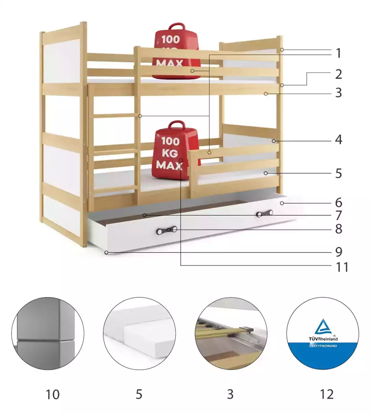 Specyfikacja techniczna Łóżko młodzieżowe piętrowe RICO 90X190 z szufladą, sosna/białe