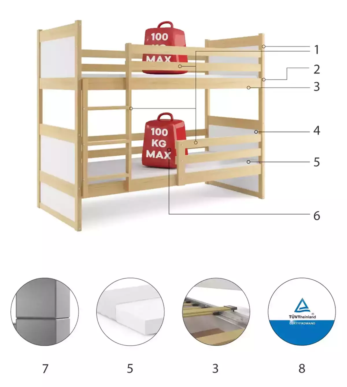 Specyfikacja techniczna Łóżko młodzieżowe piętrowe RICO 90X190, sosna/białe
