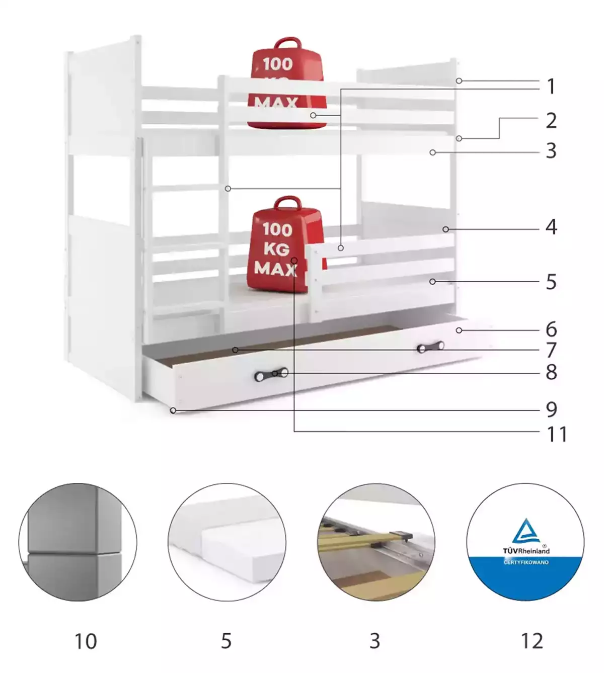 Specyfikacja techniczna Łóżko młodzieżowe piętrowe RICO 90X190 z szufladą, białe