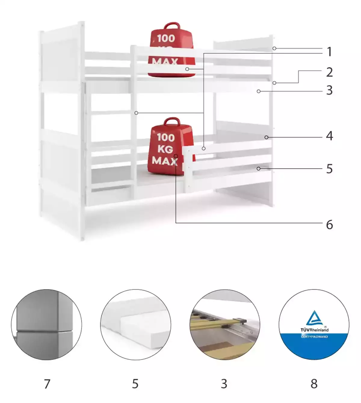 Specyfikacja techniczna Łóżko młodzieżowe piętrowe RICO 90X190 z materacem, białe