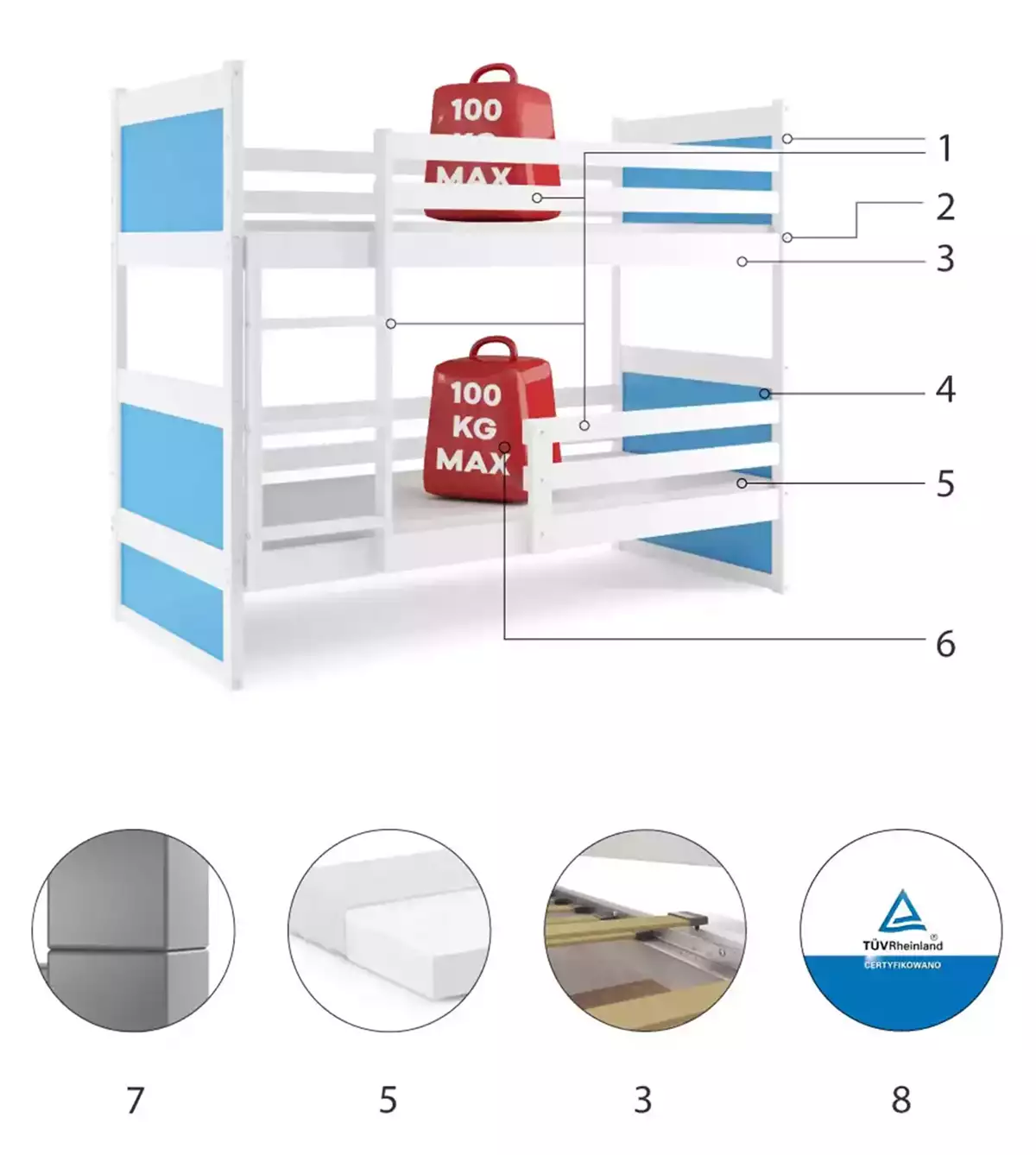 Specyfikacja techniczna Łóżko młodzieżowe piętrowe RICO 90X190, białe/niebieskie