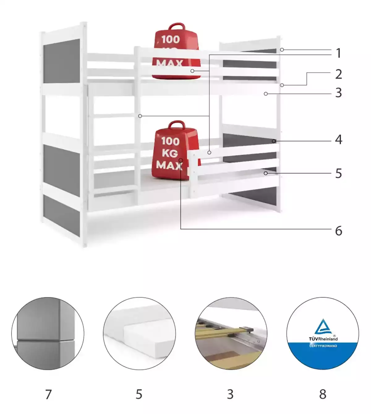 Specyfikacja techniczna Łóżko młodzieżowe piętrowe RICO 90X190, białe/grafitowe