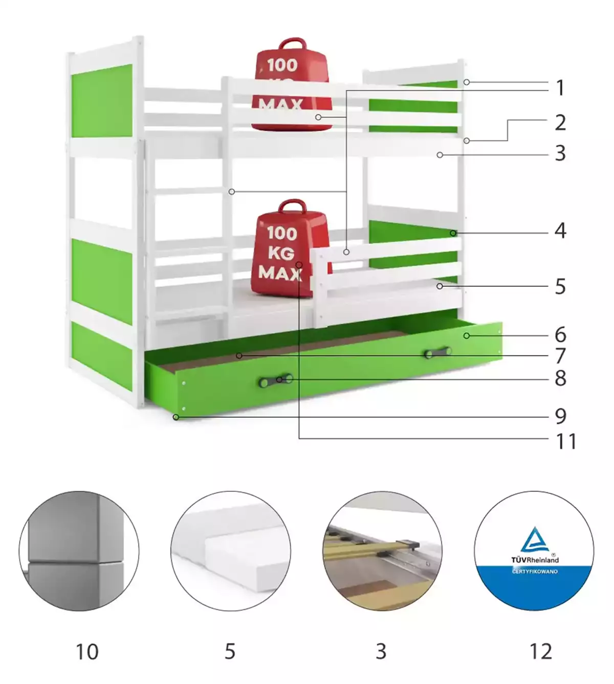 Specyfikacja techniczna Łóżko młodzieżowe piętrowe RICO 90X190 z szufladą, białe/zielone
