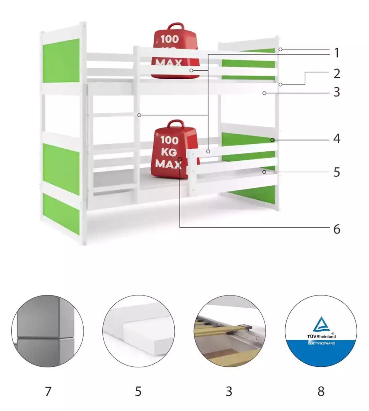 Specyfikacja techniczna Łóżko młodzieżowe piętrowe RICO 90X190 z materacem, białe/zielone