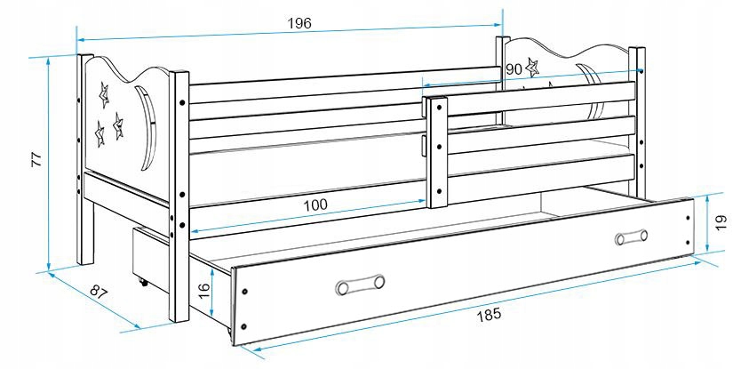 Wymiary i specyfikacja dla Łóżko młodzieżowe pojedyncze MIKO 80X190 z materacem i szufladą, grafitowe/białe