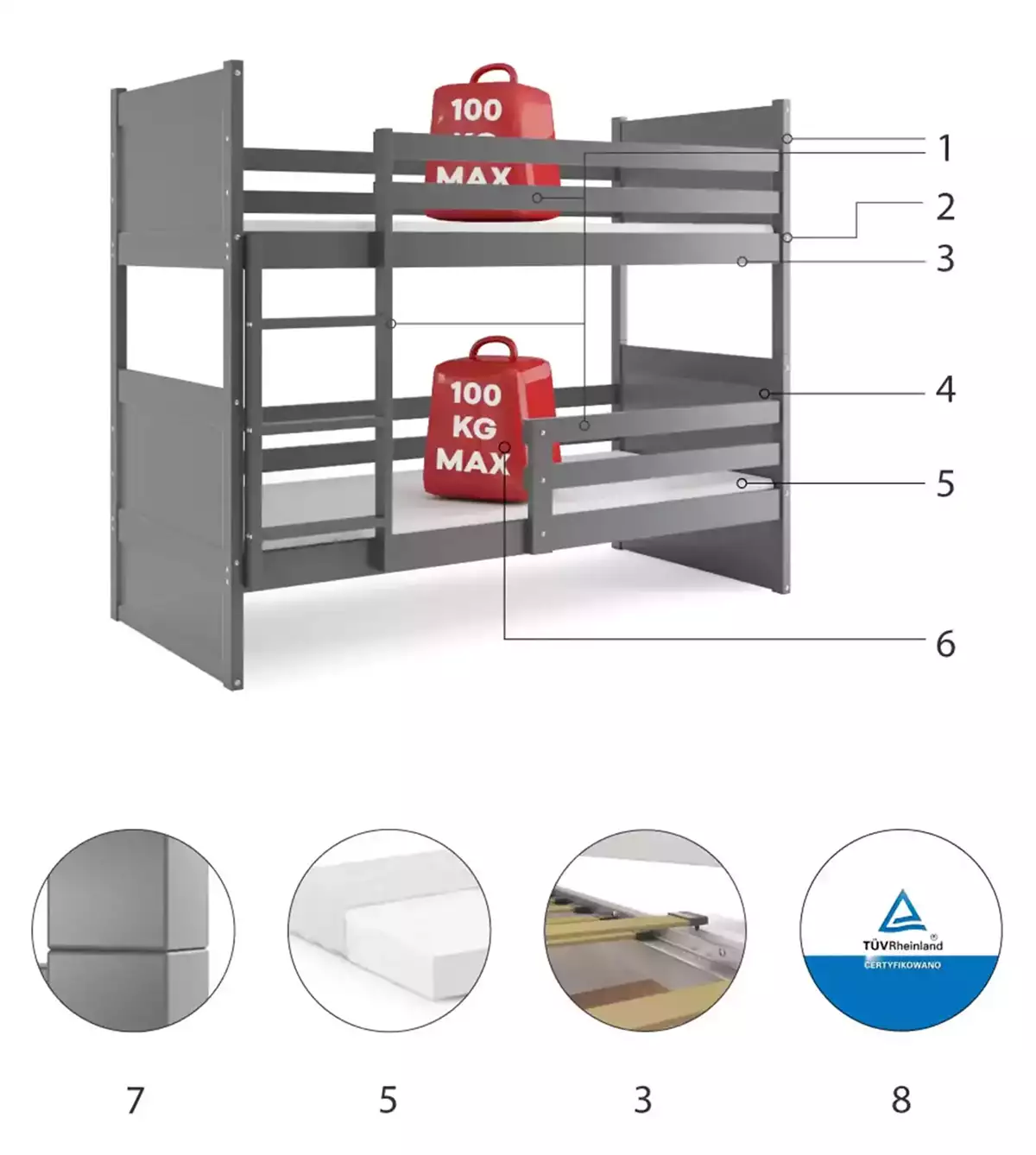 Części składowe dla Łóżko dziecięce piętrowe RICO 80X160, grafitowe