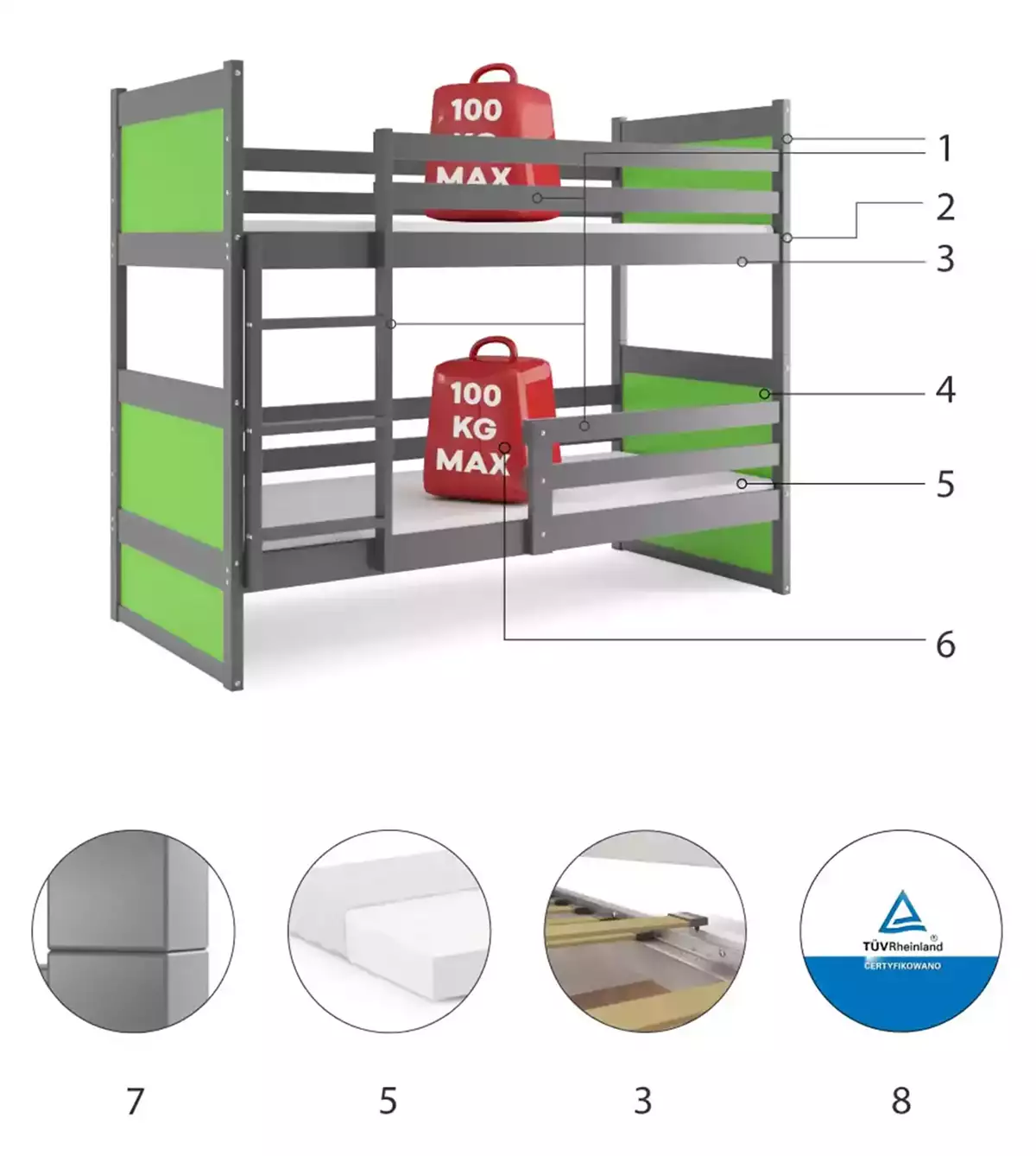 Części składowe dla Łóżko dziecięce piętrowe RICO 80X160, grafitowe/zielone