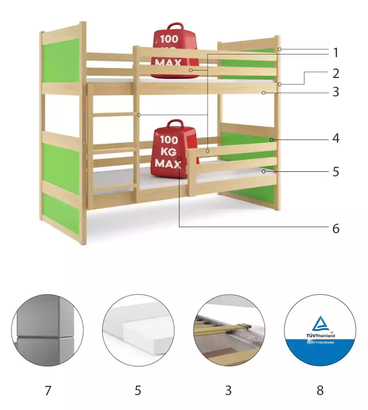 Części składowe dla Łóżko dziecięce piętrowe RICO 80X160 z materacem, sosna/zielone