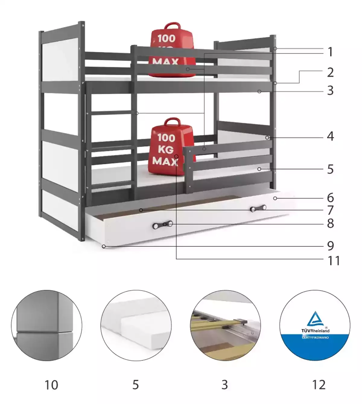 Części składowe dla Łóżko dziecięce piętrowe RICO 80X160 z szufladą, grafitowe/białe