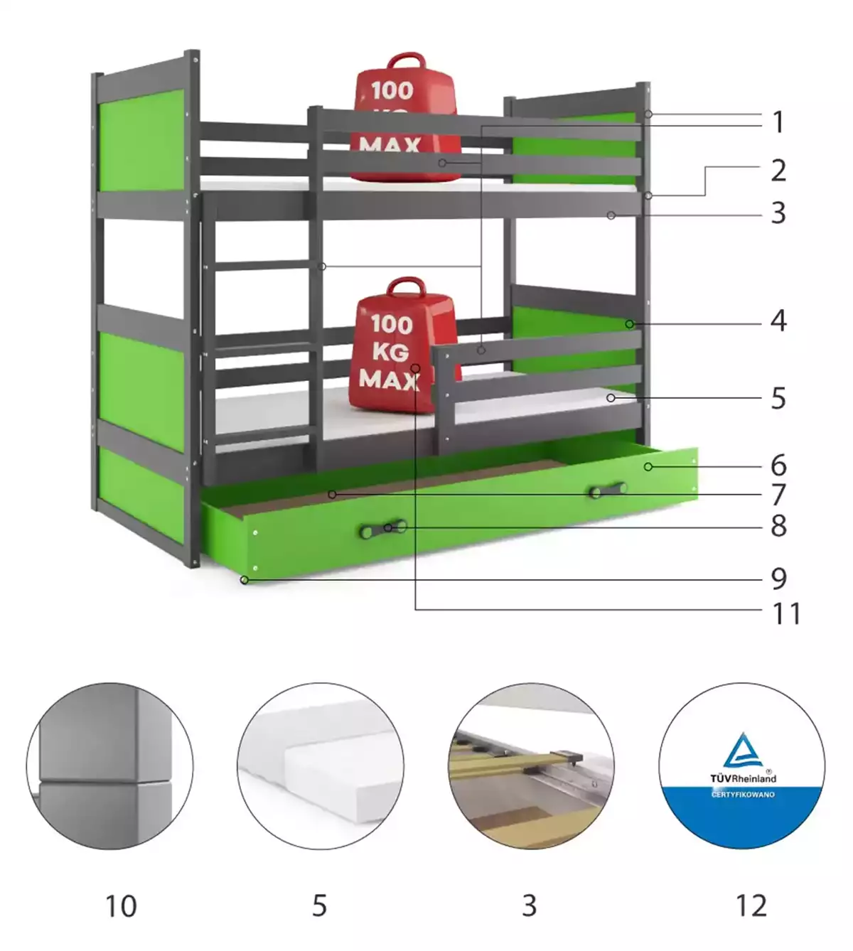 Części składowe dla Łóżko dziecięce piętrowe RICO 80X160 z szufladą, grafitowe/zielone