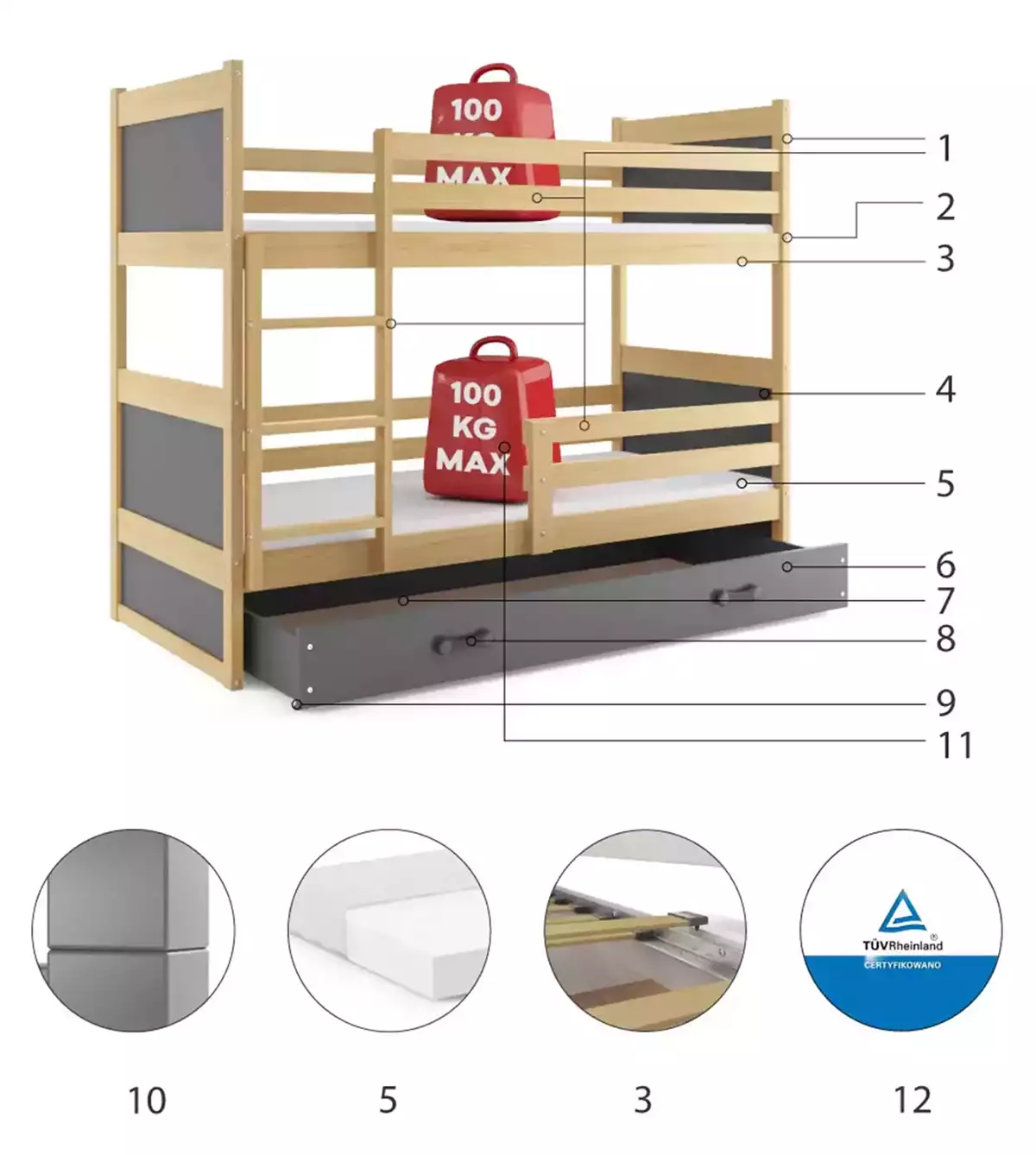 Części składowe dla Łóżko dziecięce piętrowe RICO 80X160 z szufladą, sosna/grafitowe