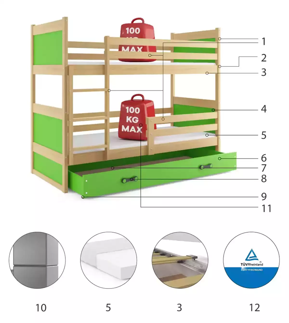 Części składowe dla Łóżko dziecięce piętrowe RICO 80X160 z szufladą, sosna/zielone