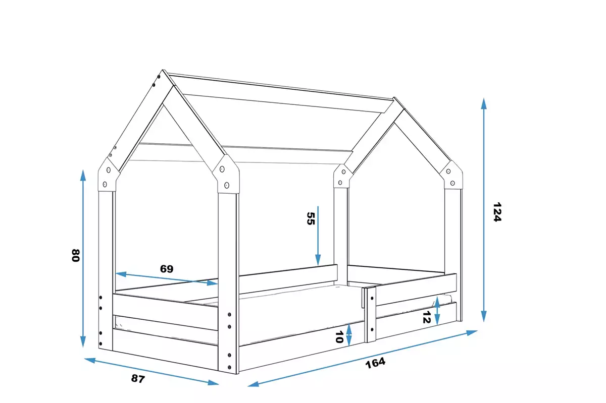 Wymiary i specyfikacja dla Łóżko dziecięce pojedyncze DOMEK 1 80X160, białe