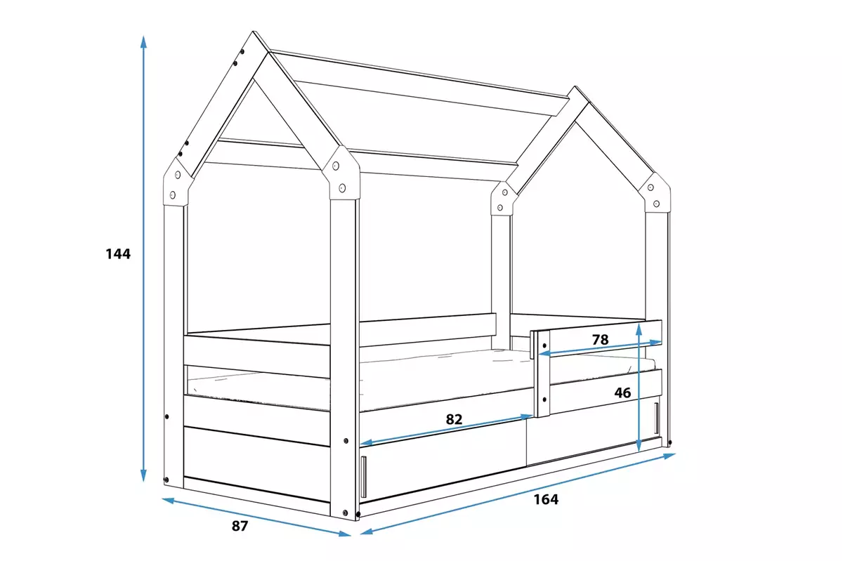 Wymiary i specyfikacja dla Łóżko dziecięce pojedyncze DOMEK 80X160 z materacem i schowkiem, białe