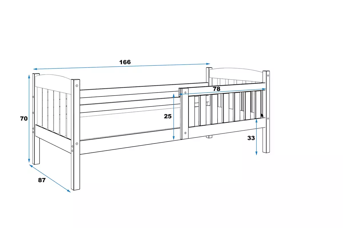 Wymiary i specyfikacja dla Łóżko dziecięce pojedyncze KUBUŚ 80X160, sosna