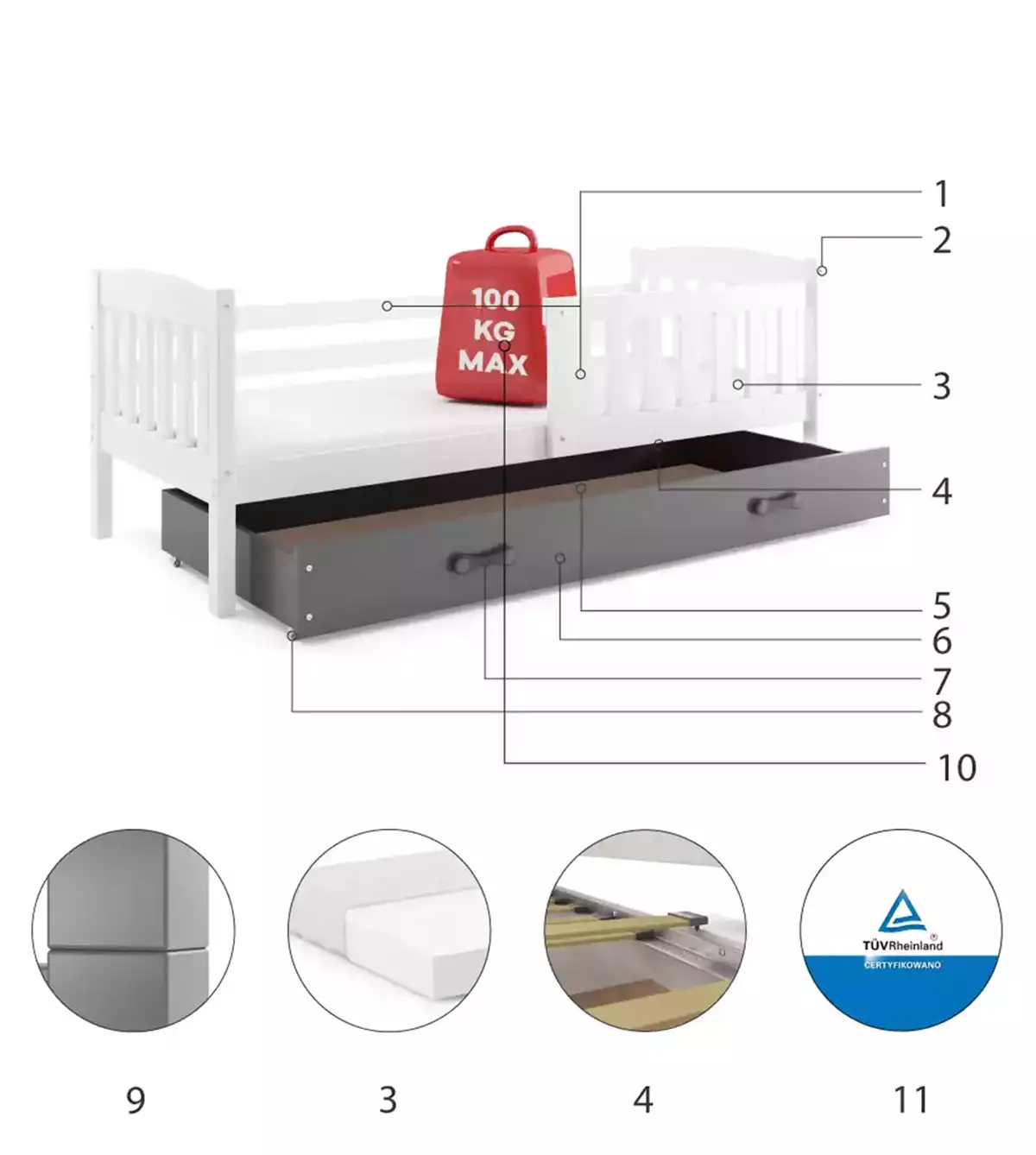 Części składowe dla Łóżko dziecięce pojedyncze KUBUŚ 80X160 z materacem i szufladą, białe/grafitowe