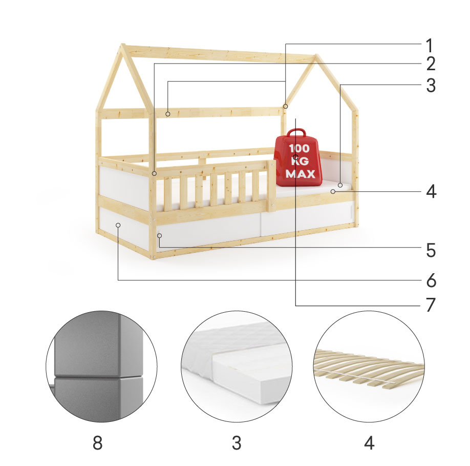 Części składowe dla Łóżko dziecięce pojedyncze SMART 2 DOMEK 80X160 ze schowkiem, naturalne drewno
