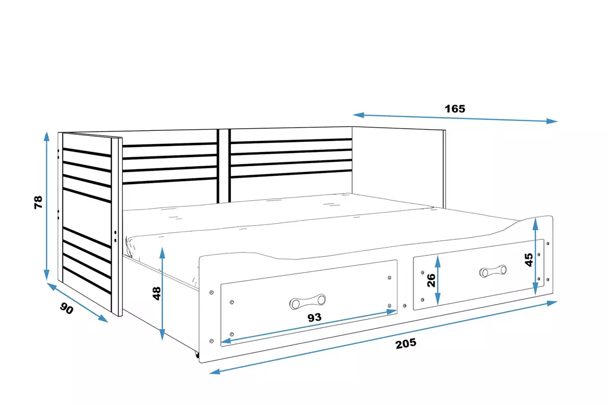 Wymiary i specyfikacja dla Łóżko młodzieżowe dwuosobowe rozkładane HERMES 80X200 z szufladą, białe