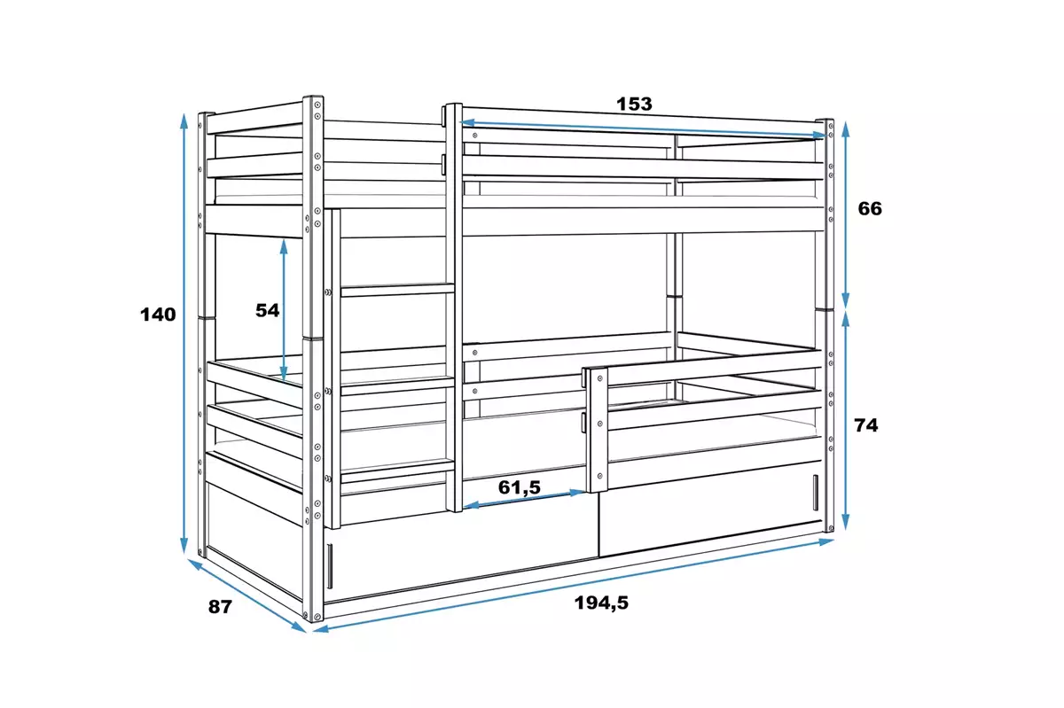 Wymiary i specyfikacja dla Łóżko młodzieżowe piętrowe BINGO 80X190 z materacem i schowkiem, sosna