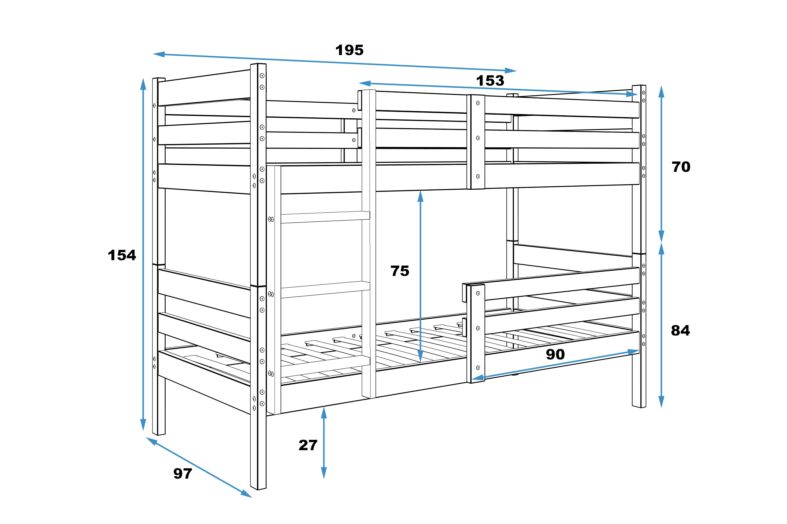 Wymiary i specyfikacja dla Łóżko młodzieżowe piętrowe ERYK 90X190, naturalne drewno