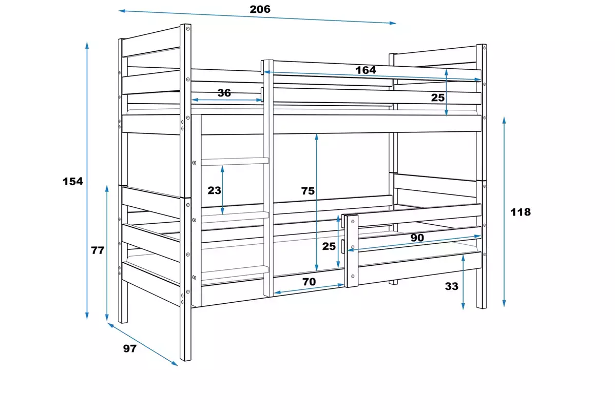 Wymiary i specyfikacja dla Łóżko młodzieżowe piętrowe ERYK 90X200 z materacem, sosna
