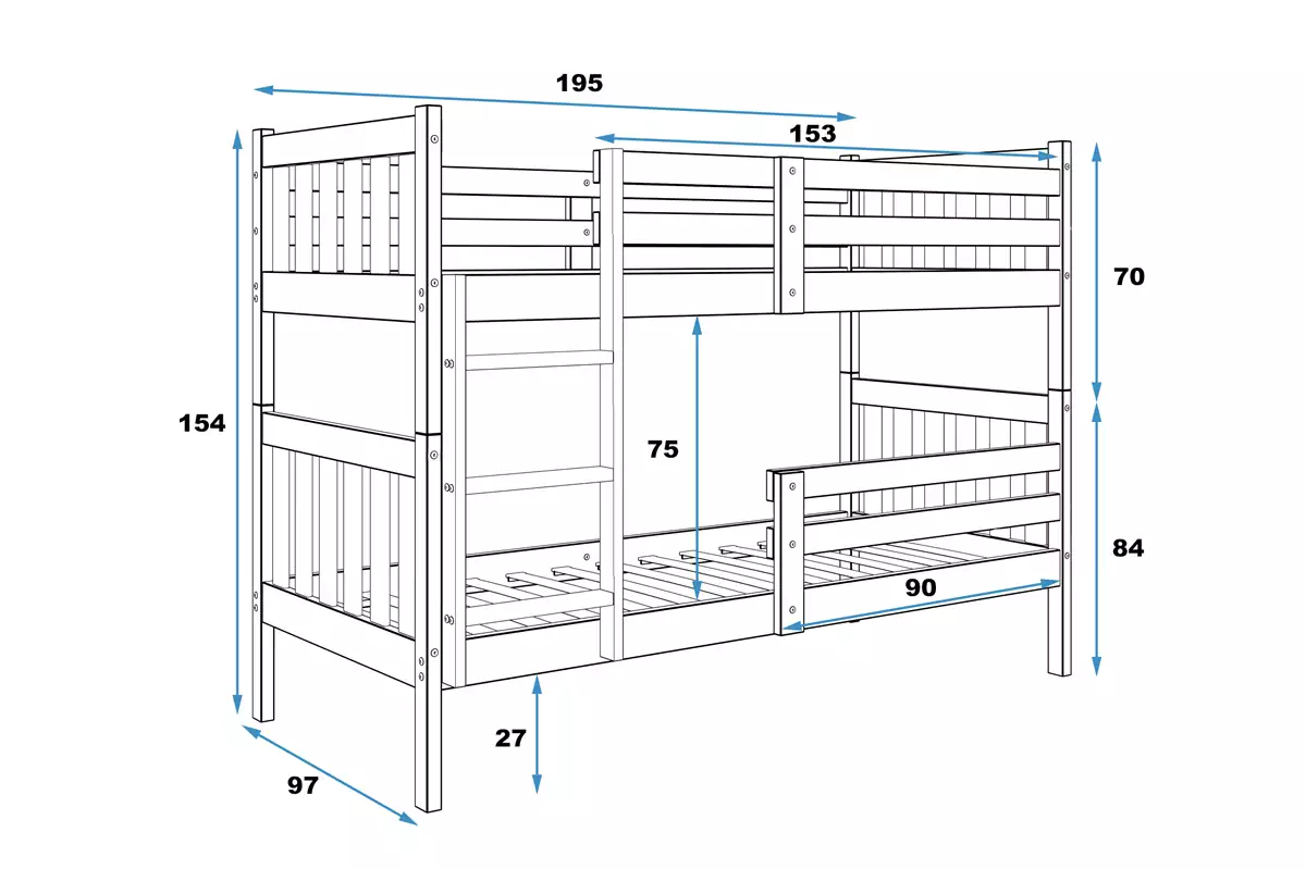Łóżko młodzieżowe piętrowe Kacper 90X190, sosna Rozmiar