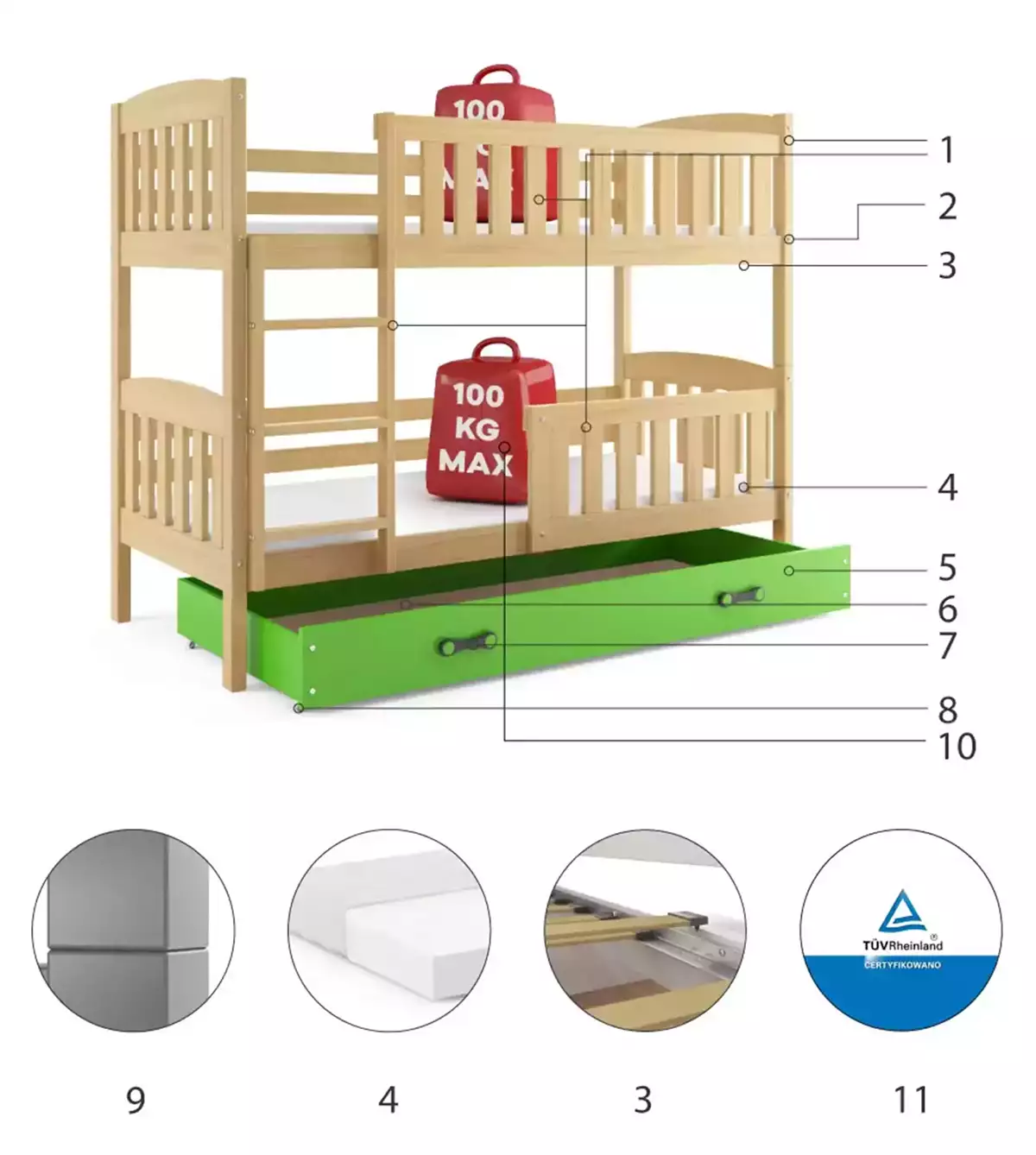 Części składowe dla Łóżko młodzieżowe piętrowe KUBUŚ 80X190 z szufladą, sosna/zielone