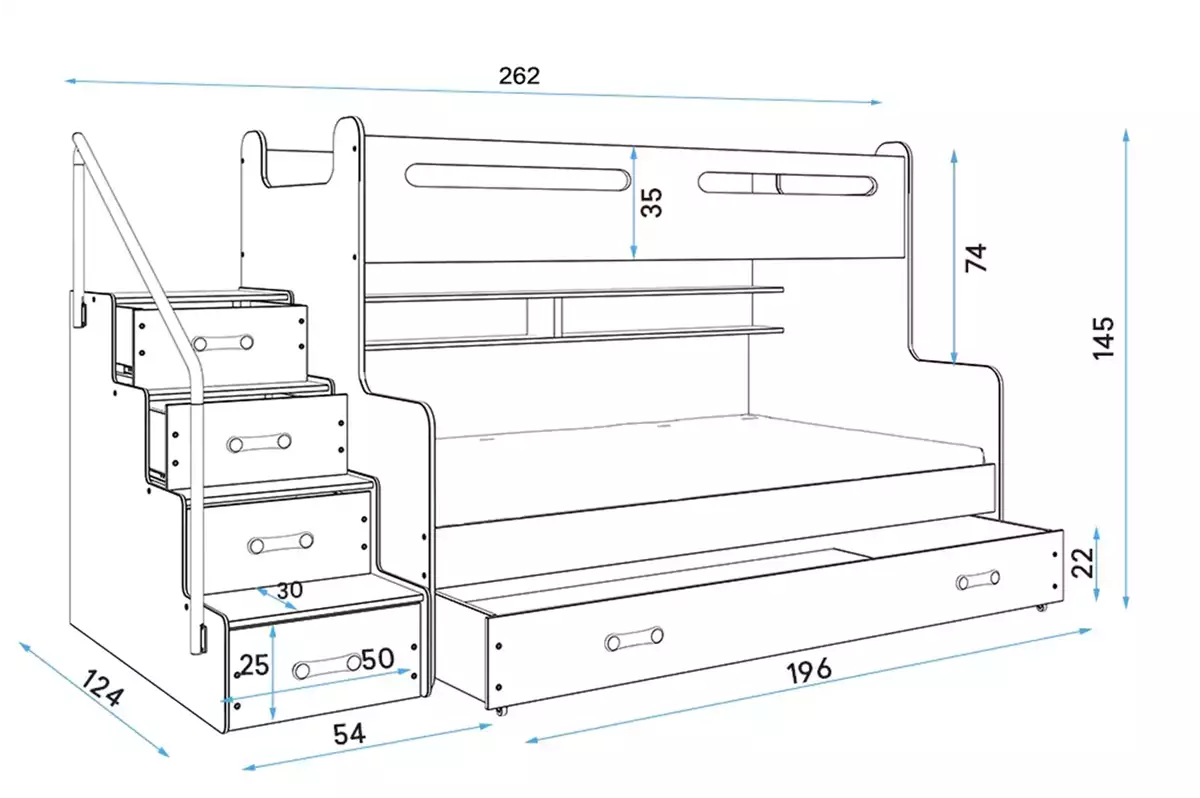 Wymiary i specyfikacja dla Łóżko młodzieżowe piętrowe MAX 3 120X200 z materacem i szufladą, białe