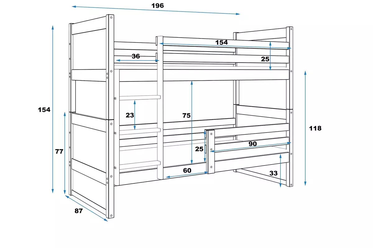 Wymiary i specyfikacja dla Łóżko młodzieżowe piętrowe RICO 80X190, sosna/białe