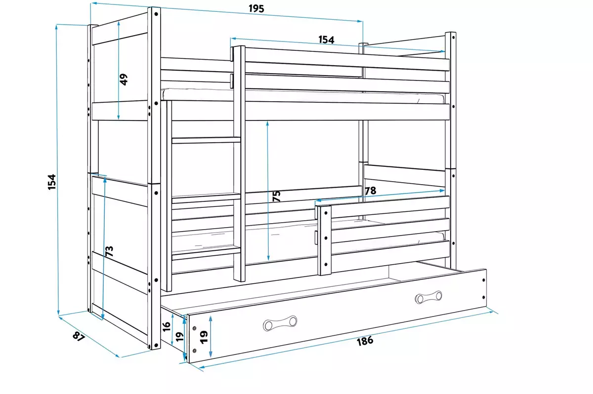 Wymiary i specyfikacja dla Łóżko młodzieżowe piętrowe RICO 80X190 z materacem i szufladą, sosna/białe