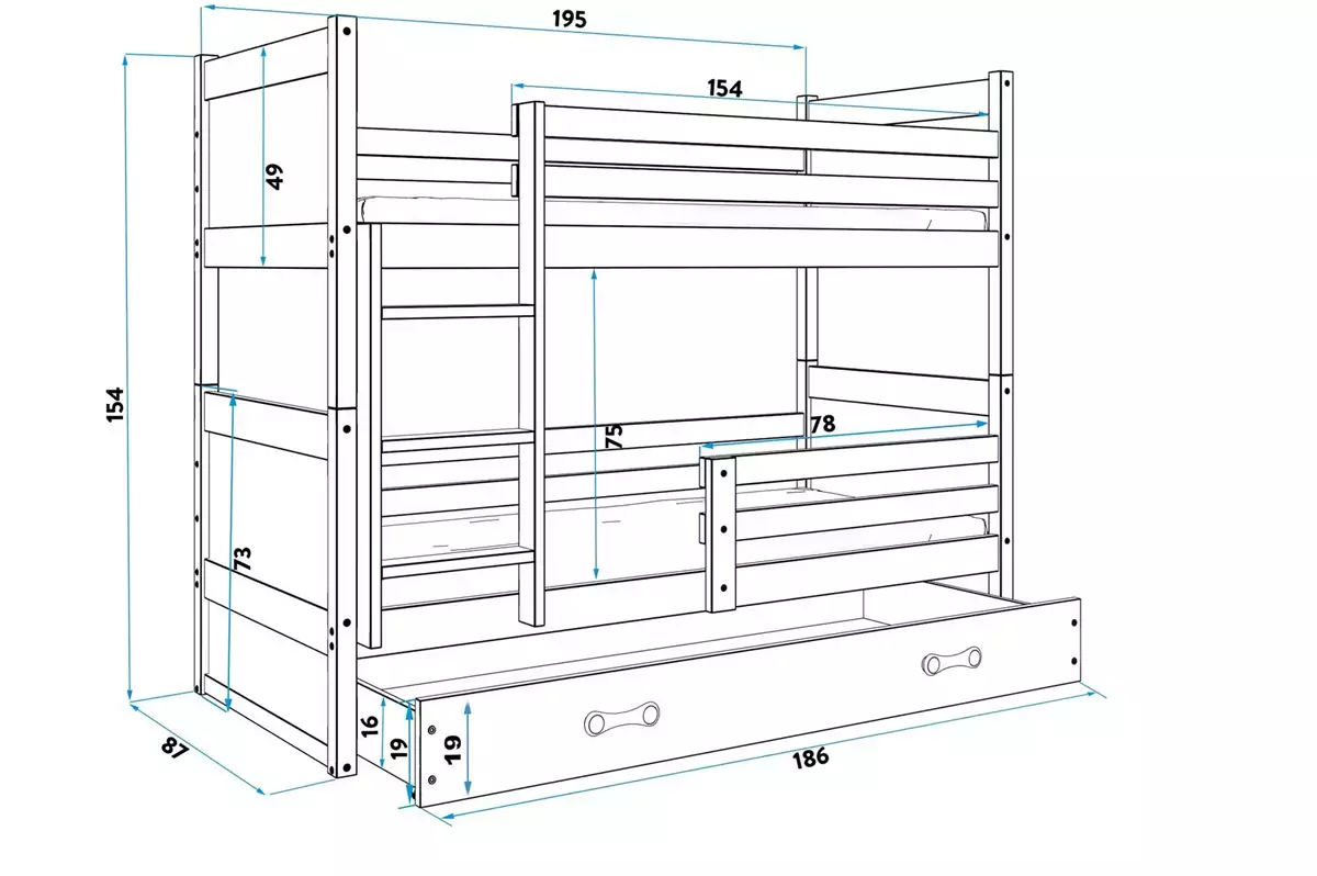 Wymiary i specyfikacja dla Łóżko młodzieżowe piętrowe RICO 80X190 z szufladą, białe/zielone