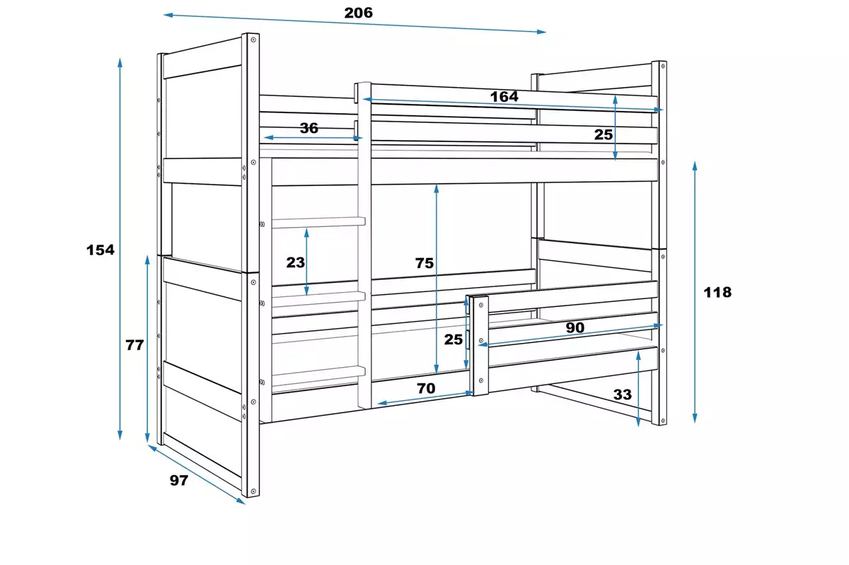 Wymiary i specyfikacja dla Łóżko młodzieżowe piętrowe RICO 90X200, sosna/grafitowe